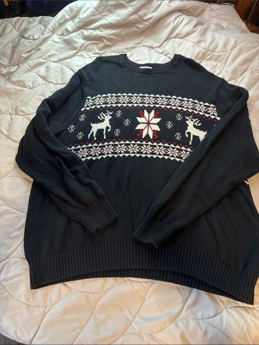 Dockers Black Crewneck Fair Isle Reindeer Sweater with White and Red Accents
